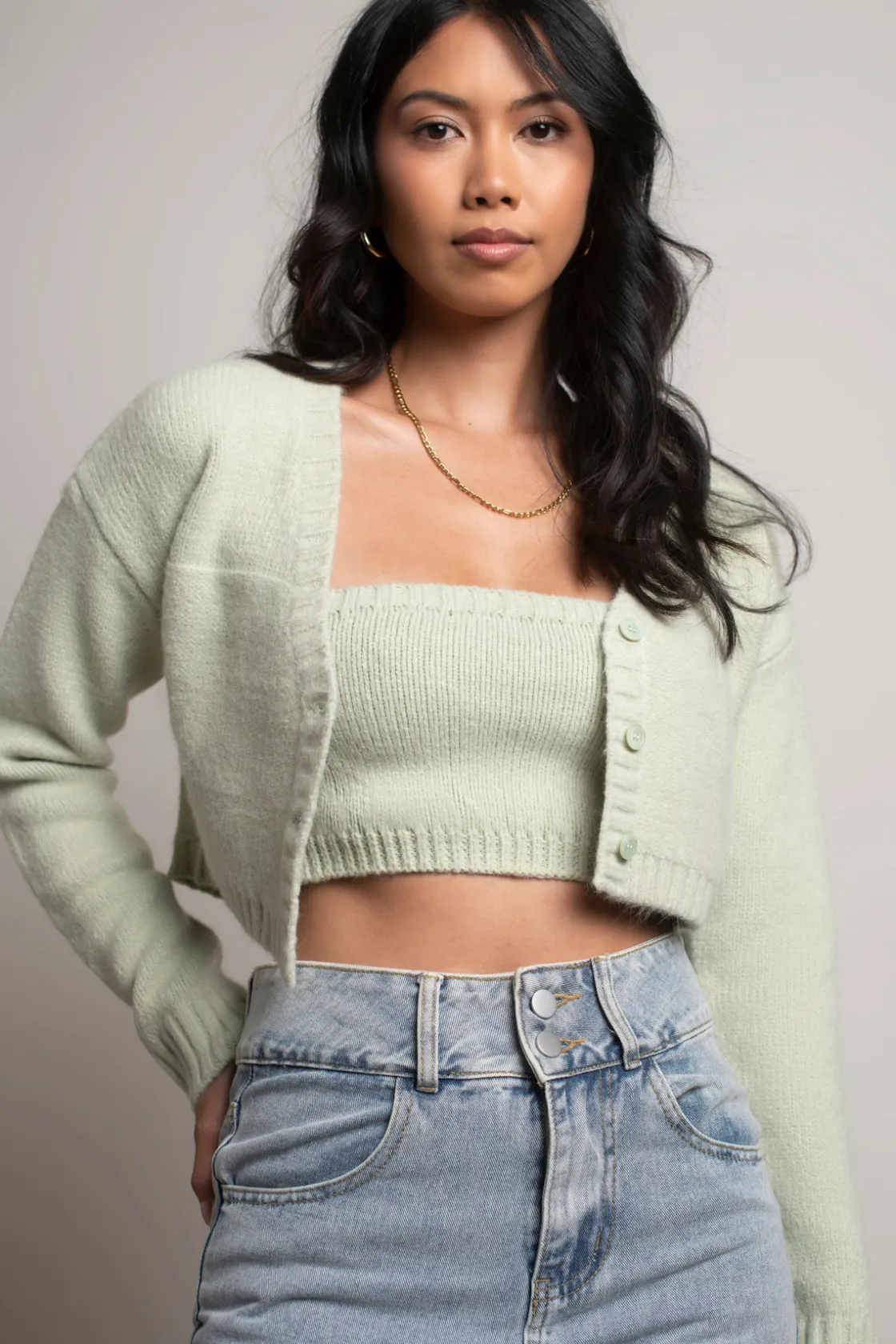 Tobi Sofie Knit Crop Top And Cardigan Set - Sage