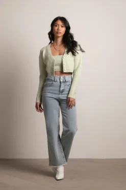 Tobi Sofie Knit Crop Top And Cardigan Set - Sage