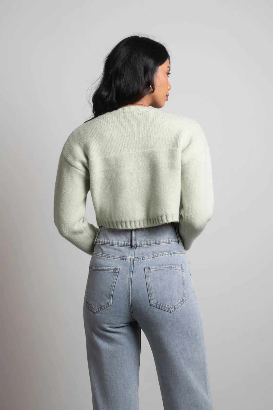 Tobi Sofie Knit Crop Top And Cardigan Set - Sage