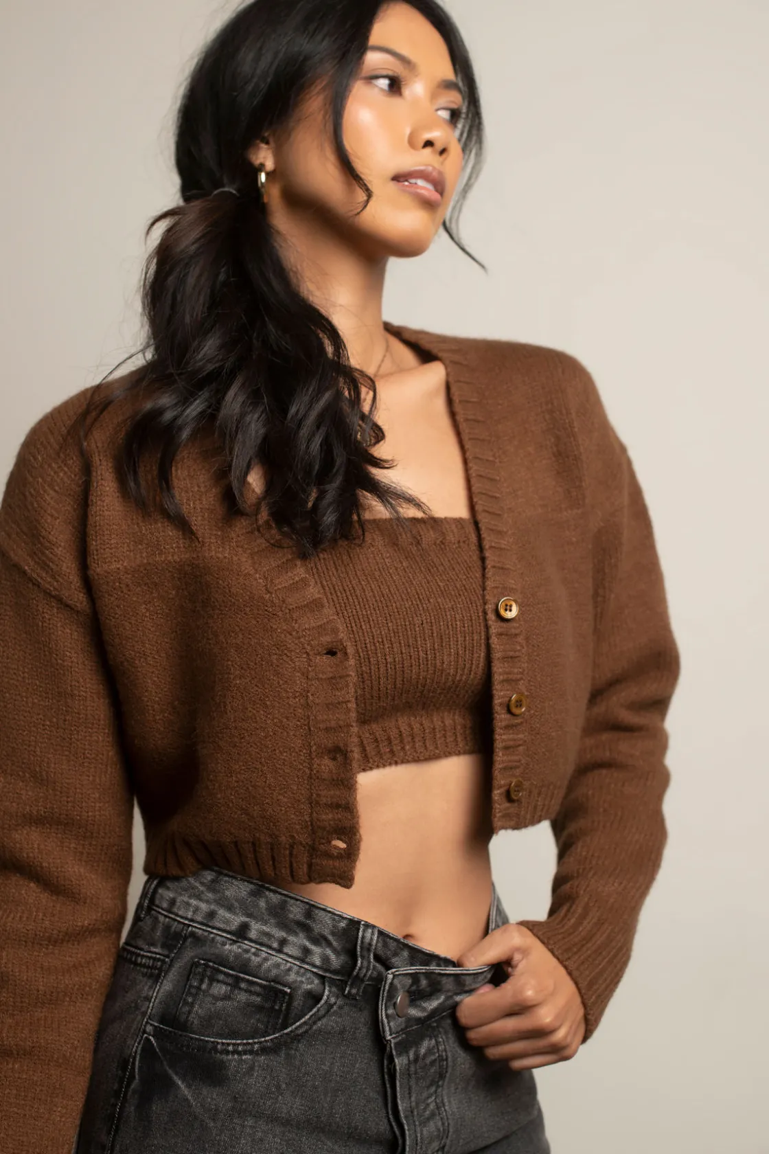 Tobi Sofie Knit Crop Top And Cardigan Set - Sage