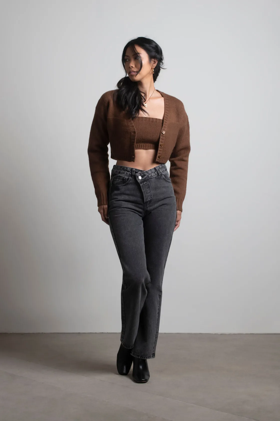 Tobi Sofie Knit Crop Top And Cardigan Set - Sage