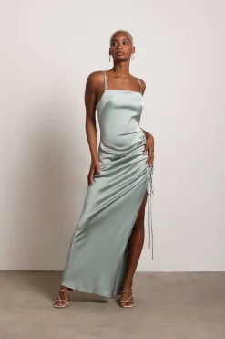 Tobi Stellar Satin High Slit Maxi Dress - Sage