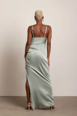 Tobi Stellar Satin High Slit Maxi Dress - Sage