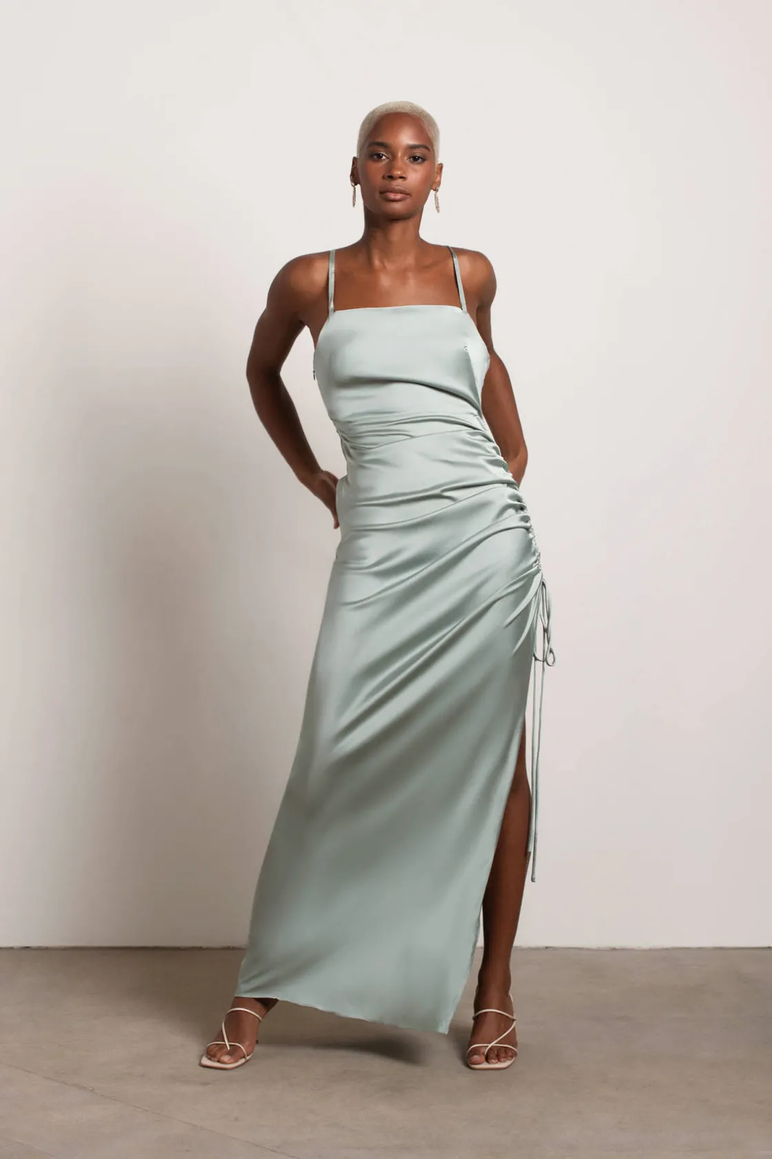 Tobi Stellar Satin High Slit Maxi Dress - Sage