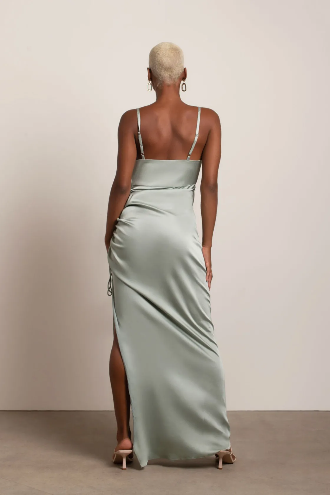 Tobi Stellar Satin High Slit Maxi Dress - Sage