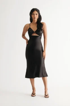 Tobi Take Me Out Beige Satin Twist Cutout Midi Dress