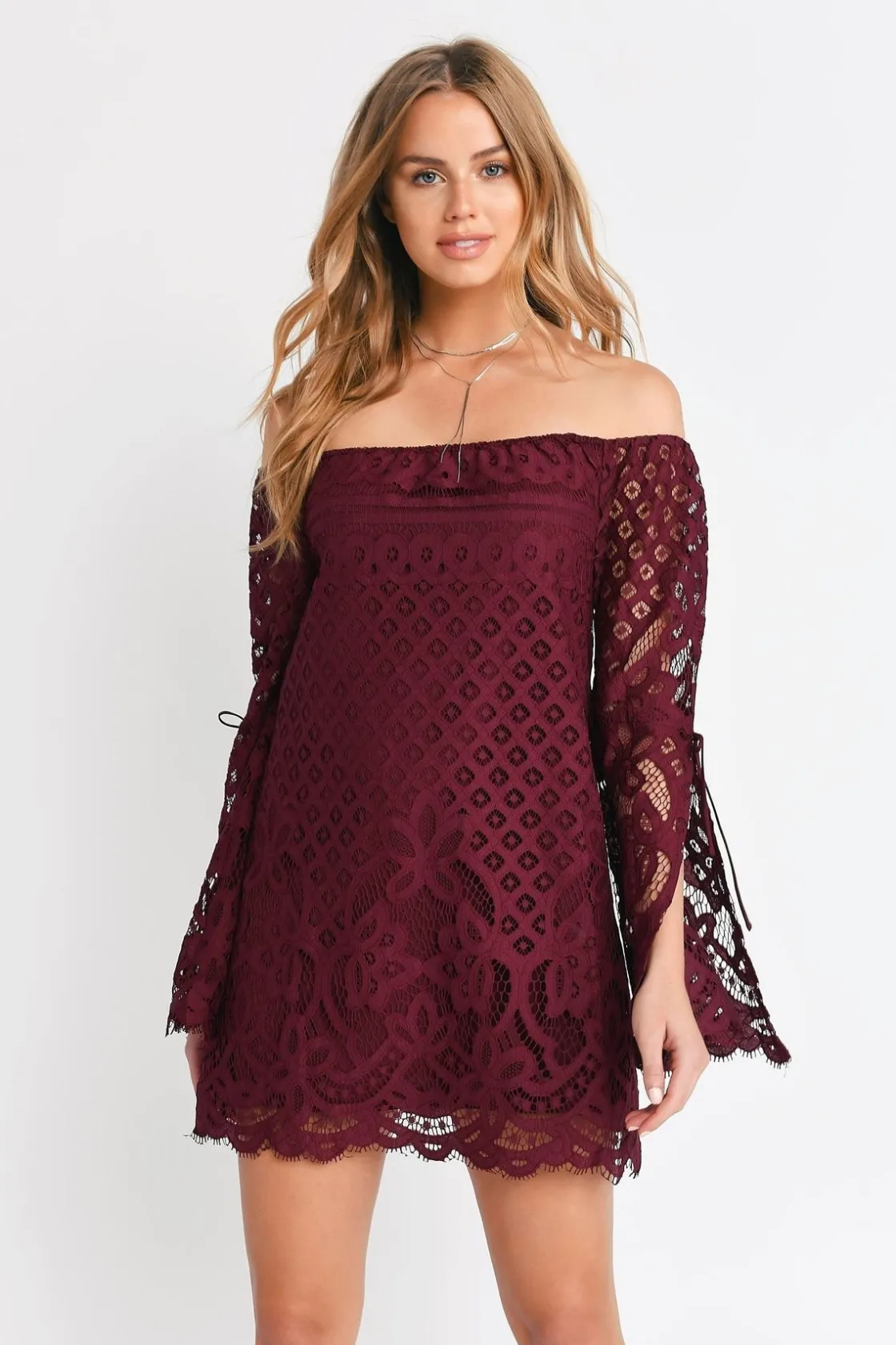Tobi Take My Hand Off The Shoulder Lace Mini Dress -