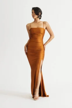 Tobi Time To Go High Slit Bodycon Maxi Dress - Copper Brown