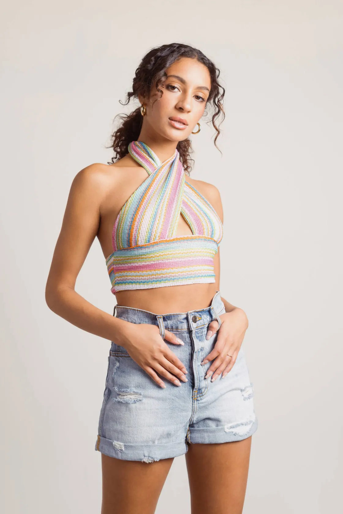 Tobi Tropical Weather Crop Top - Pink Green Multi