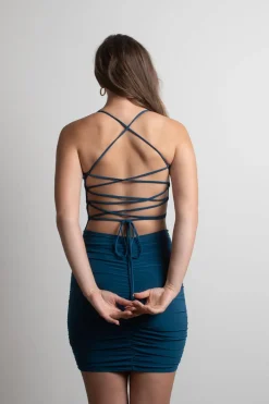 Tobi Vicki Ruched Open Back Mini Dress - Teal