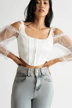 Tobi Wasted Love Satin Corset Sheer Sleeves Top