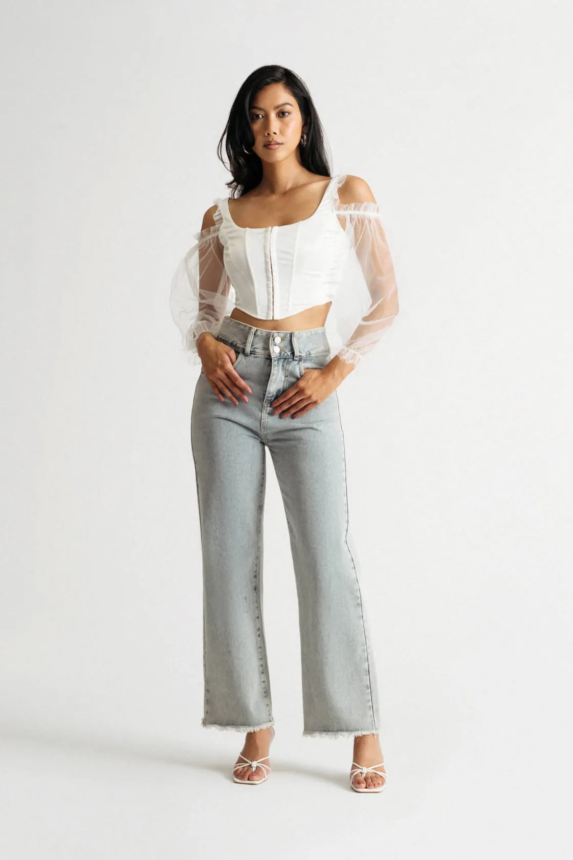 Tobi Wasted Love Satin Corset Sheer Sleeves Top